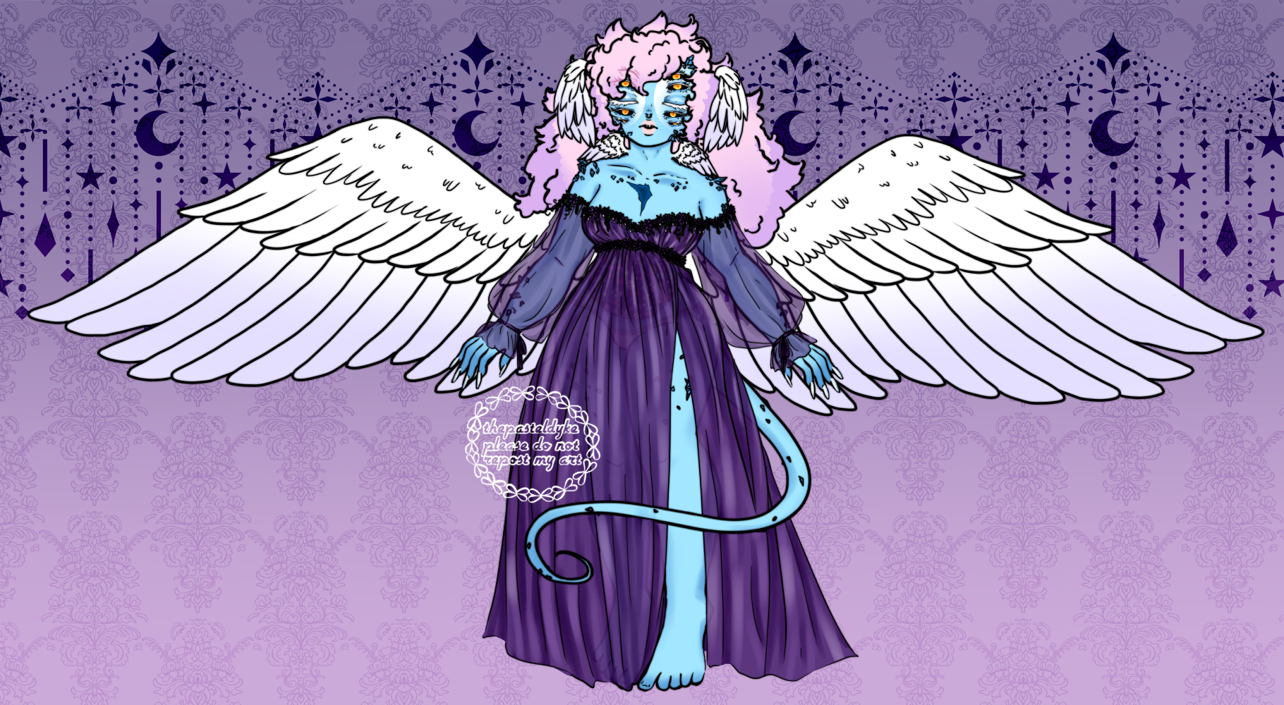 Character name: Yen. Yen has light blue skin with white facial markings. She has five sets of eyes with long white eyelashes. She has blue minerals growing out of her skin, a dark blue scar in the center of her chest. She has a huge set of wings growing out of her lower back, smaller wings growing out of the side of her head right by her ears and tiny wings growing out of the side of her neck. Her long and fluffy pink and purple hair reach down her back. She has a tail that ends in a skinny tip. She's wearing a sheer purple dress with a slit all the way up one leg.